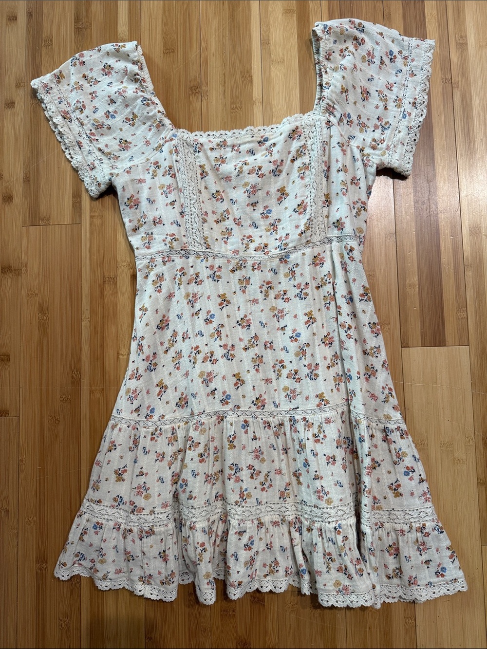 Cream Floral Lace-Trim Dress
